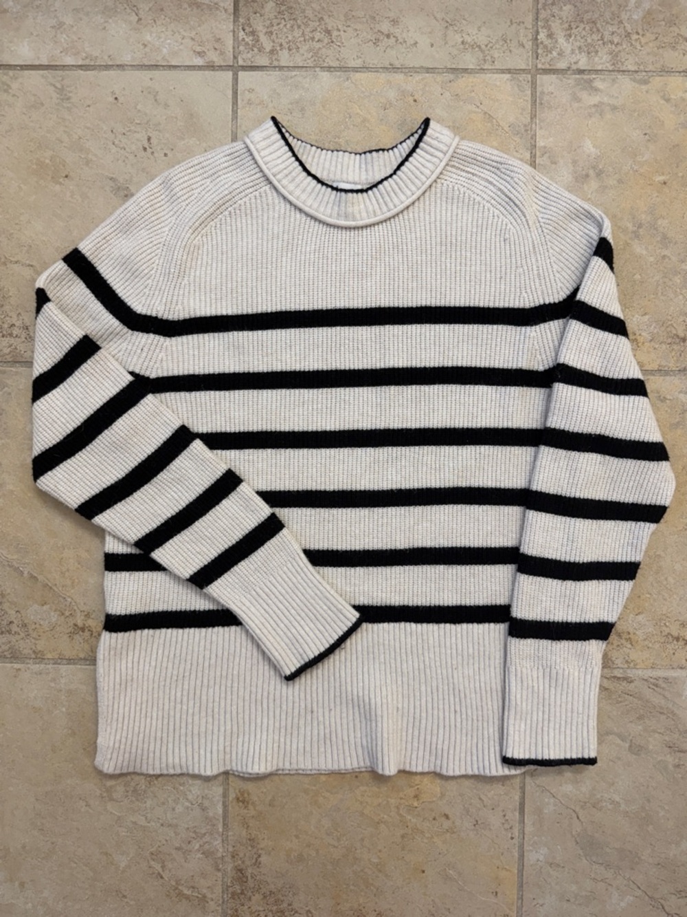 a new day Women's Cream and Black Striped Crewneck Sweater